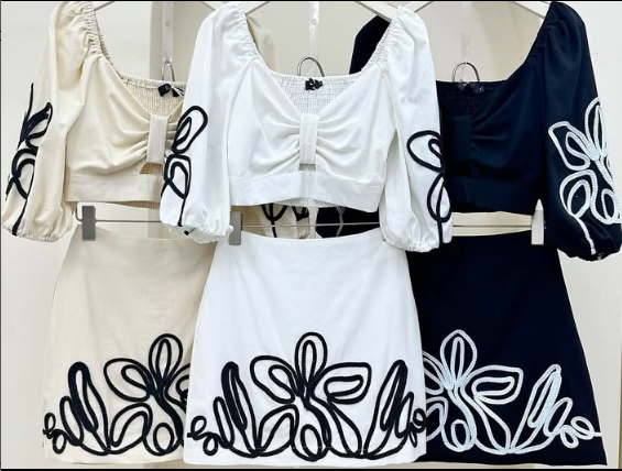 Openwork Bow And Short Skirt With Floral Rope Embroidery Coord Set