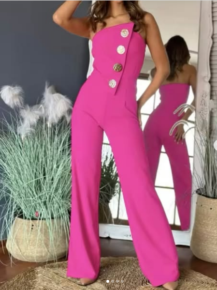 Solid Color Tube Top Gold Button Embellished Bootcut Jumpsuit