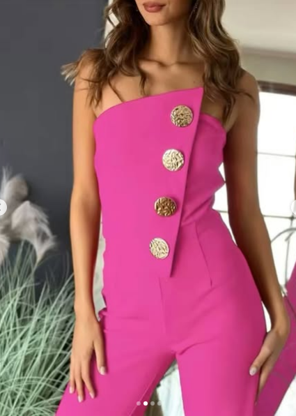 Solid Color Tube Top Gold Button Embellished Bootcut Jumpsuit