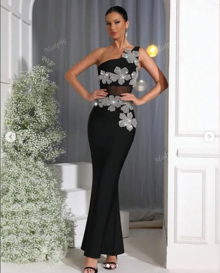 One Shoulder Draped Sleeveless Rhinestone Crystal Floral Bodycon Dress
