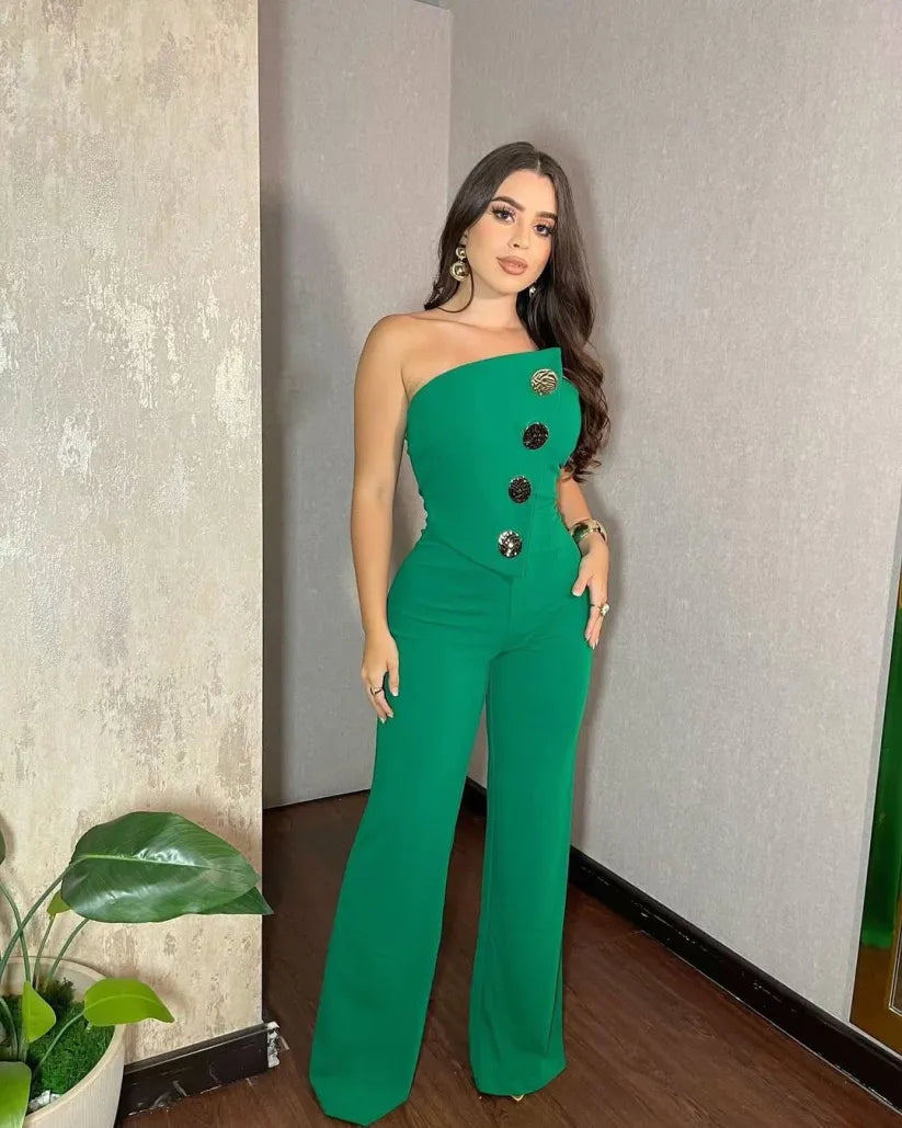 Solid Color Tube Top Gold Button Embellished Bootcut Jumpsuit