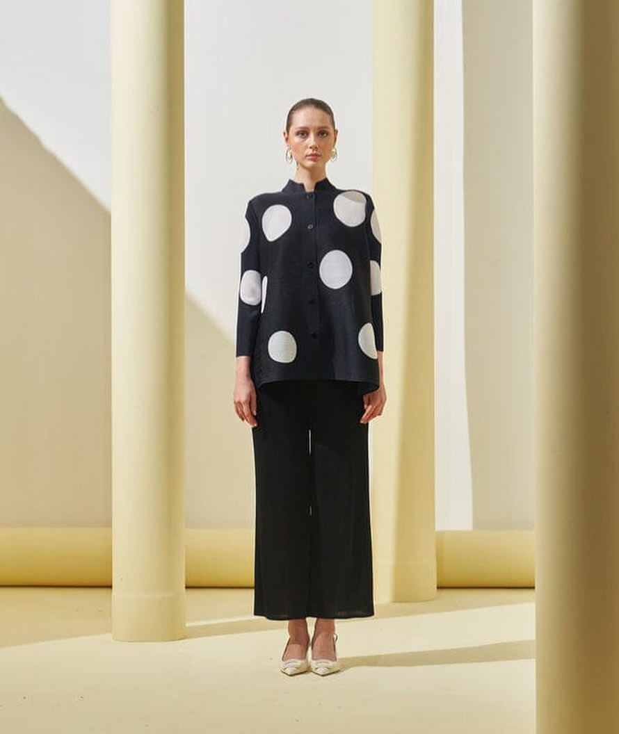 Pleated Polka Dot Top And Wide Leg Pant Set