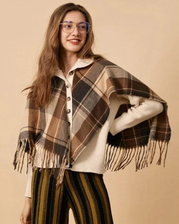 Esther Plaid Cape Knitted High Neck Down Button Poncho Sweater