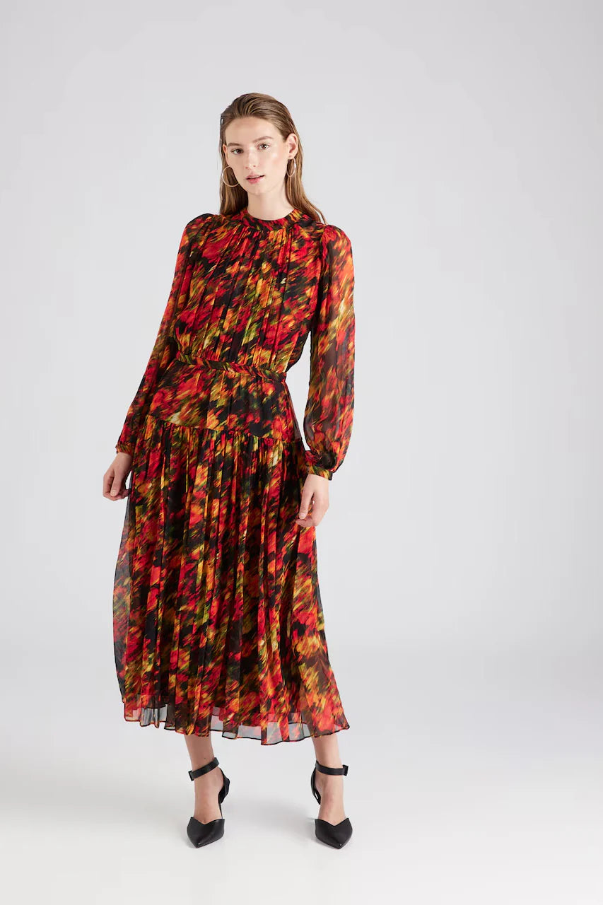 Pleated Red Floral Printed Midi Dress