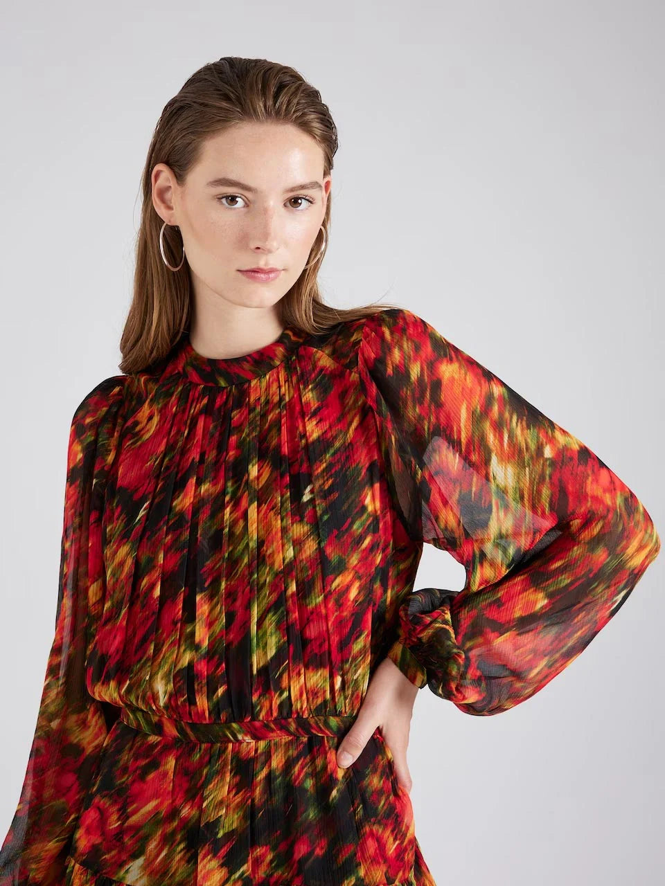 Pleated Red Floral Printed Midi Dress