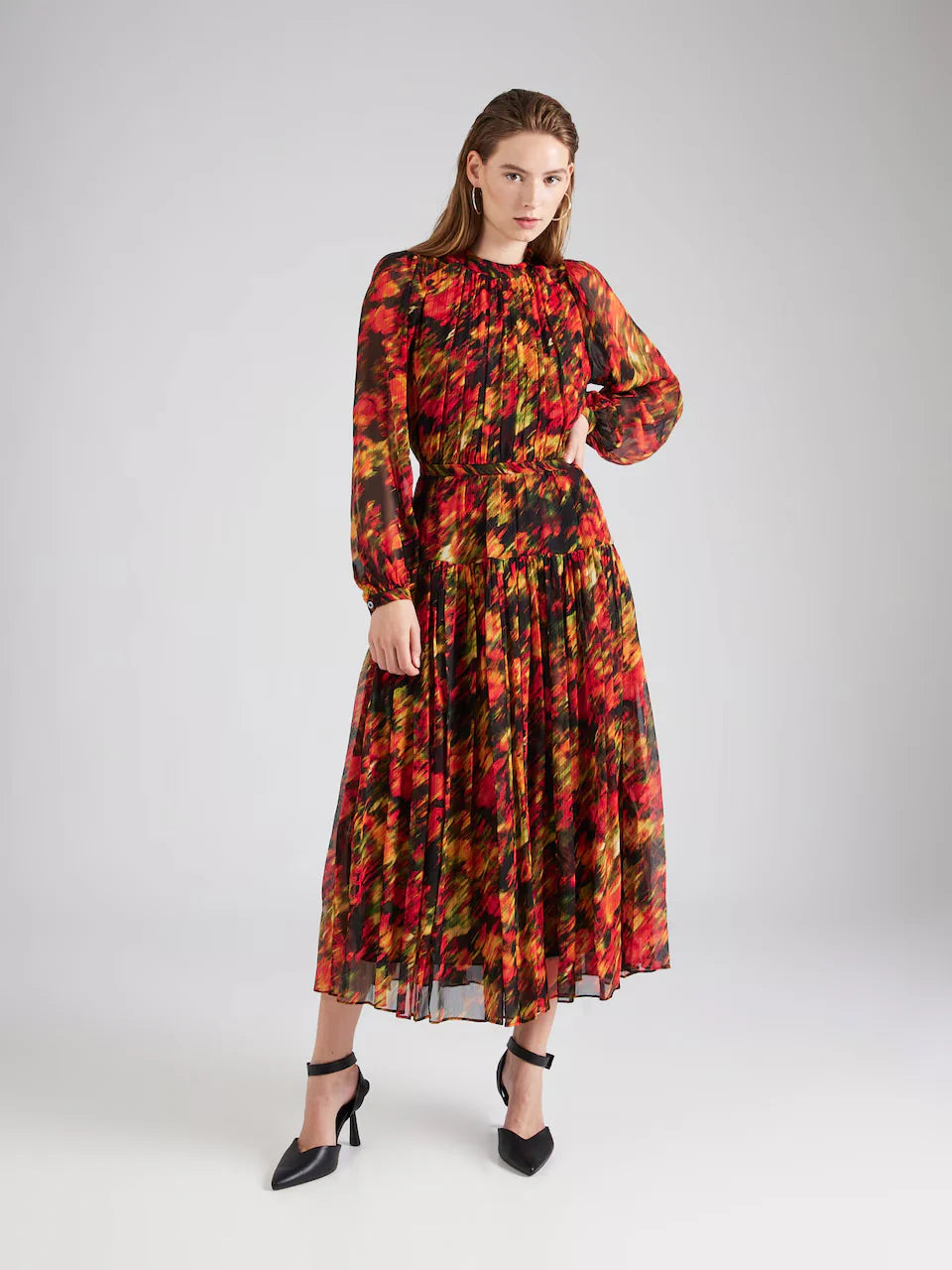 Pleated Red Floral Printed Midi Dress