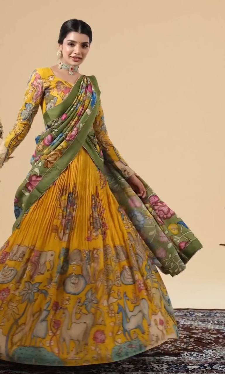 Designer Kalamkari Print Yellow Color Lehenga