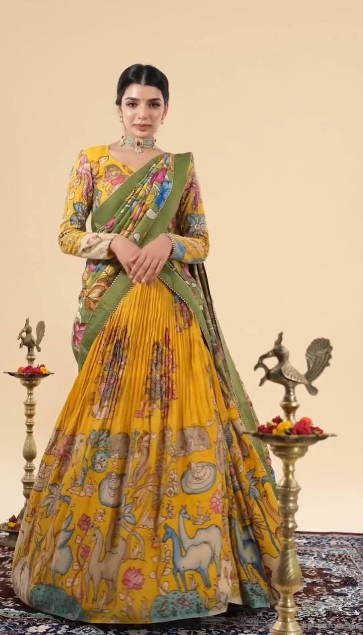 Designer Kalamkari Print Yellow Color Lehenga