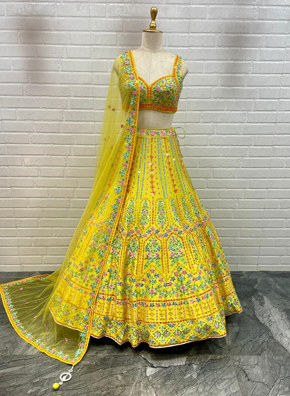 Floral Pattern yellow Color Designer Lehenga