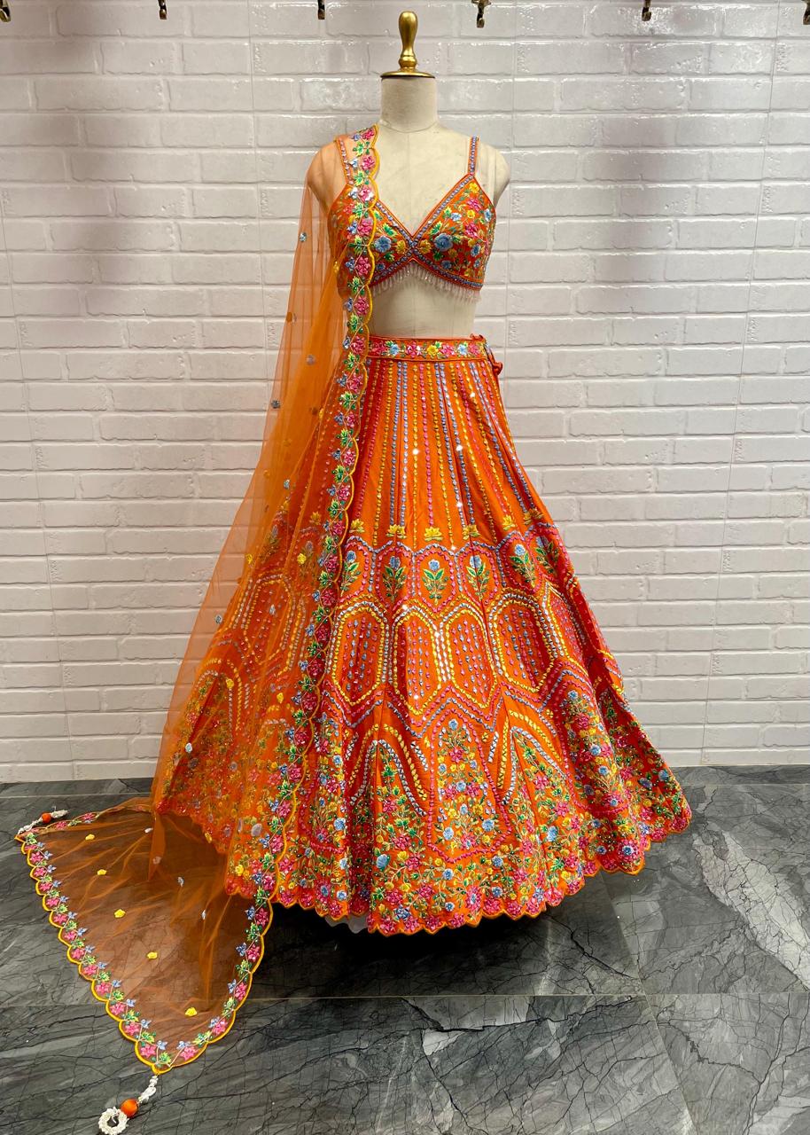 Floral Pattern Orange Color Designer Lehenga