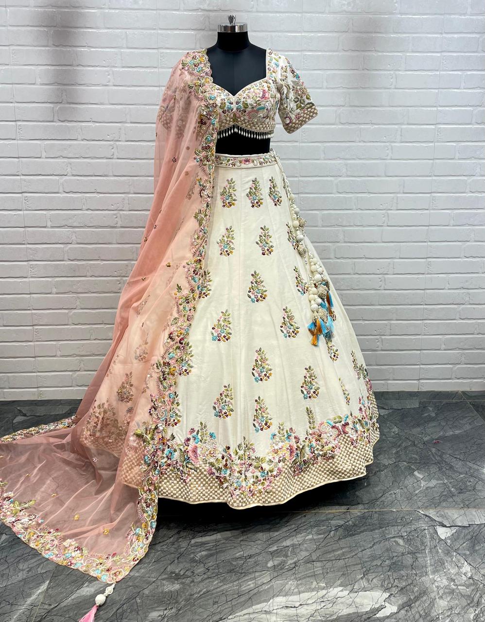 Embroidered Floral Pattern  Cream Color Designer Lehenga