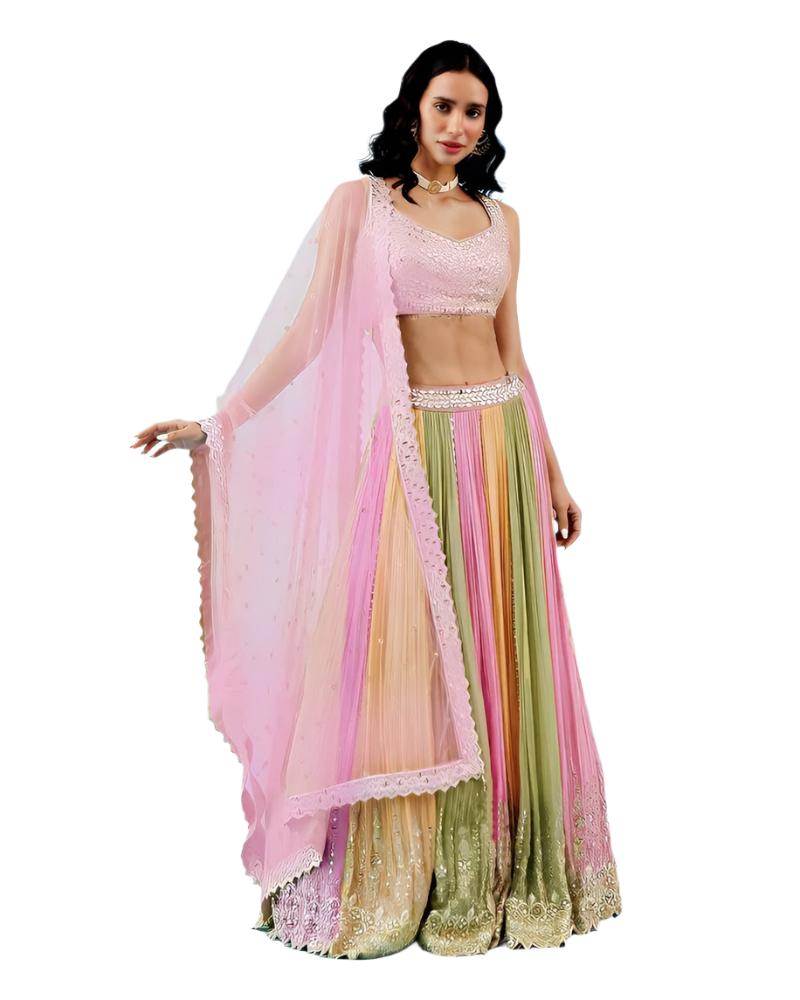 Multi Color Crush Georgette Lehenga Choli with Dupatta Set