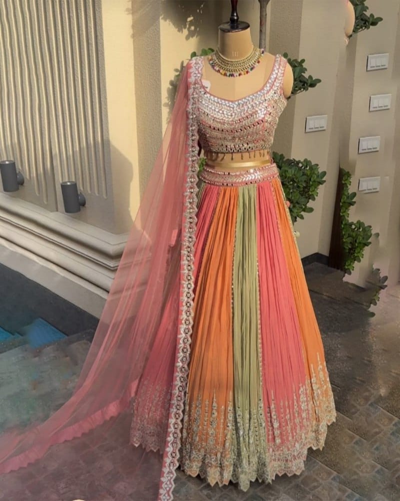 Multi Color Crush Georgette Lehenga Choli with Dupatta Set