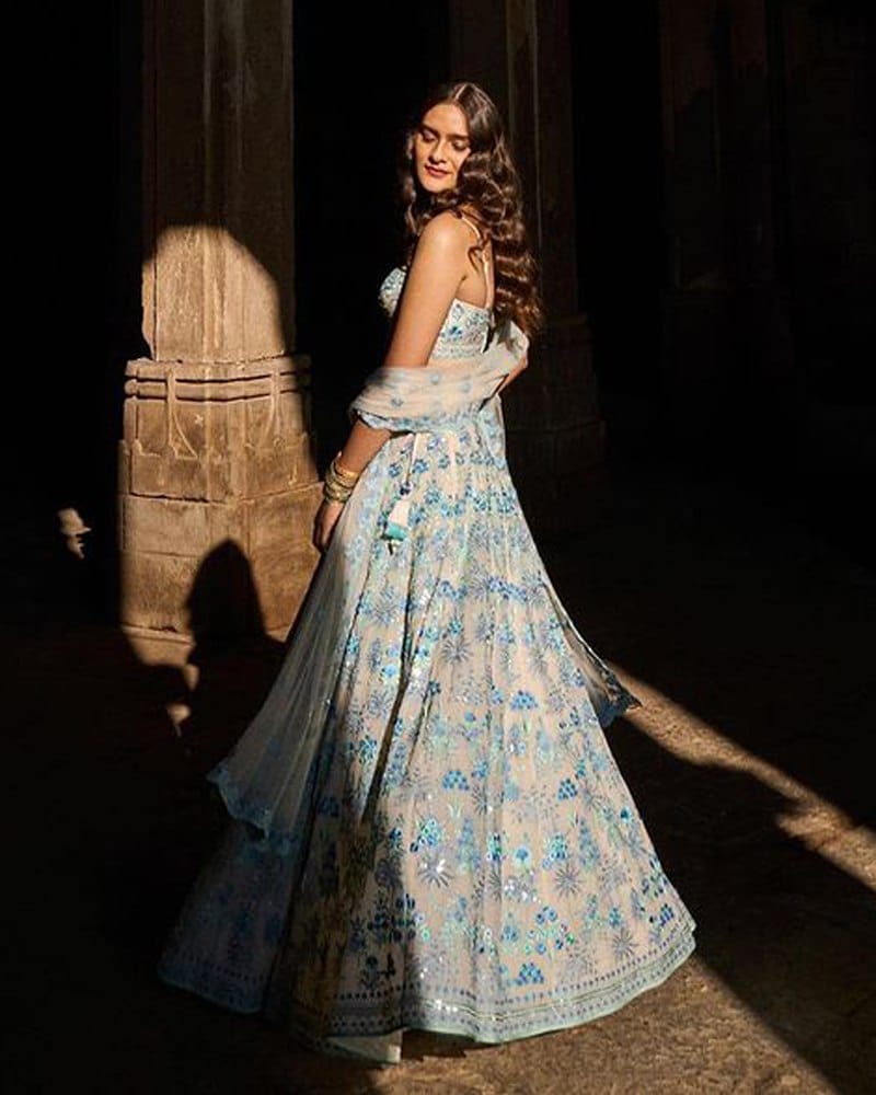 Women's thread and sequins embroidered georgette Light Blue lehenga choli