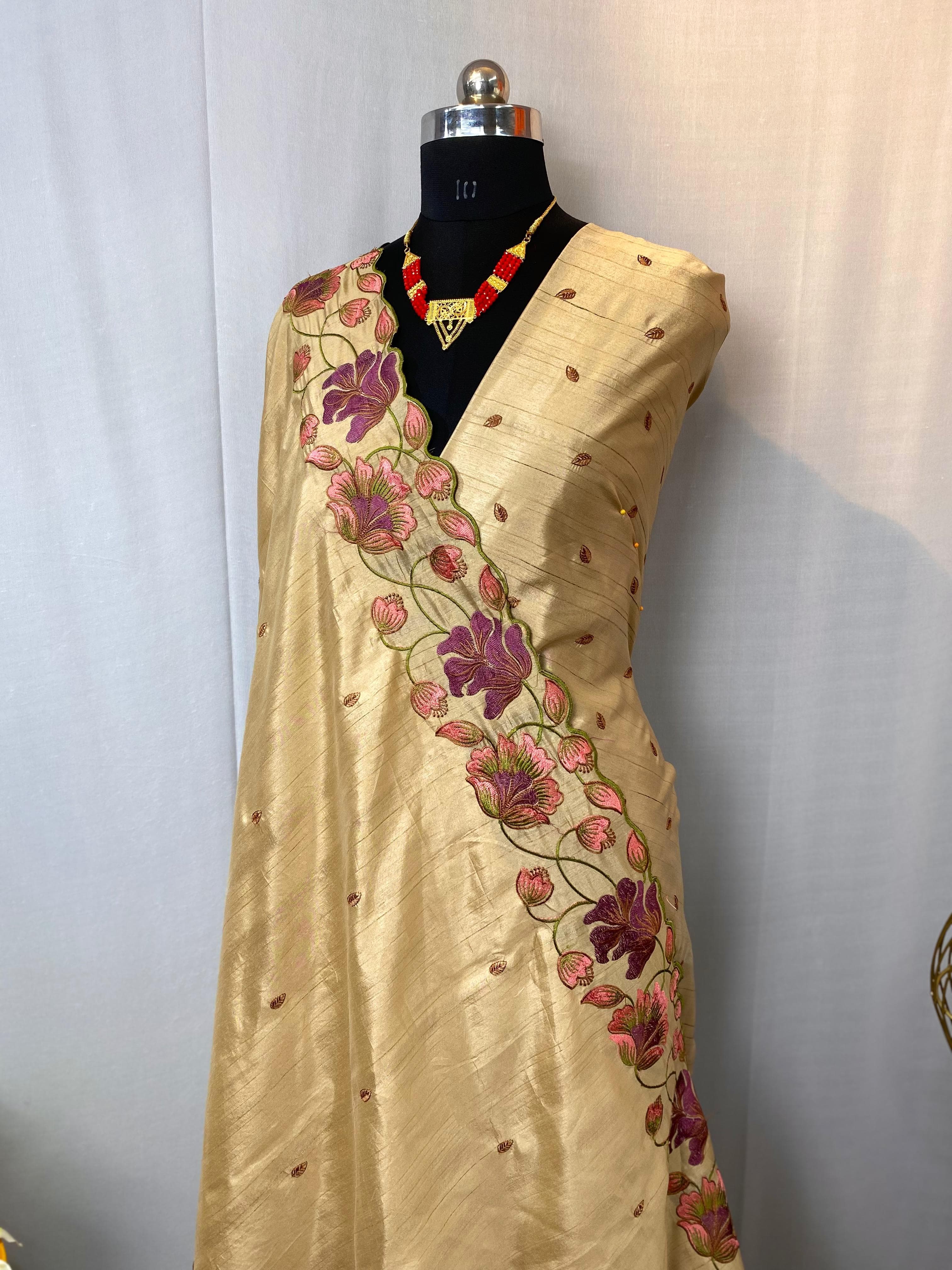 Tussar Silk Saree with beautiful contrast embroidery work