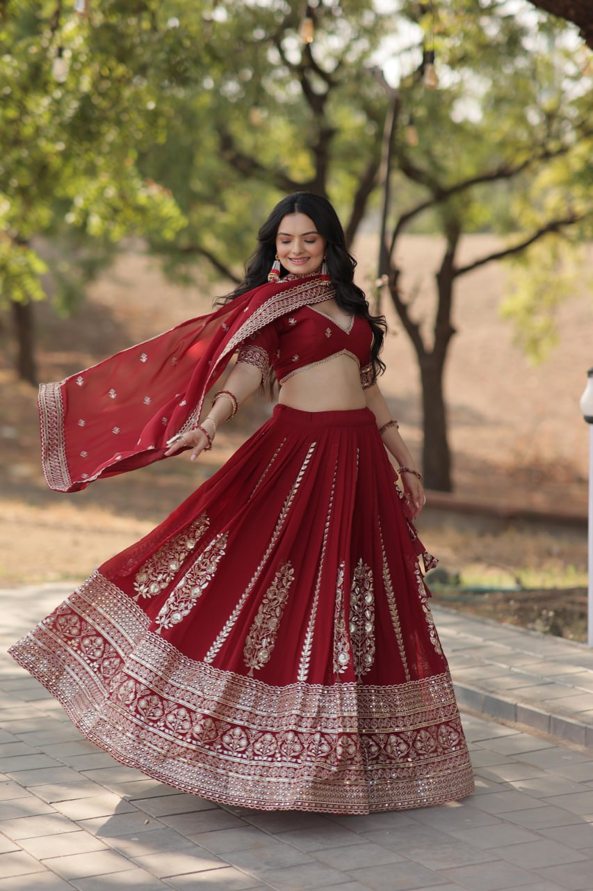 Magnificent Maroon Sequins Georgette Engagement Wear Lehenga Choli