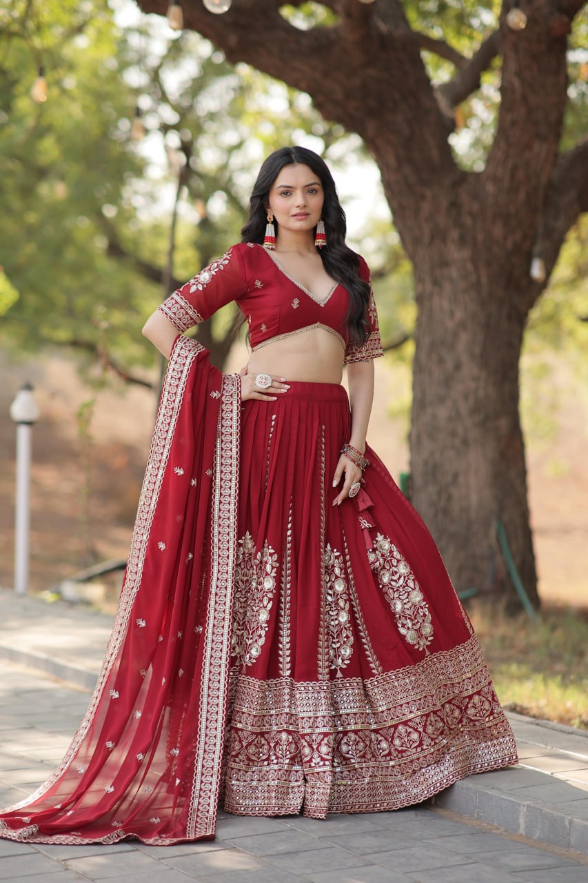 Magnificent Maroon Sequins Georgette Engagement Wear Lehenga Choli