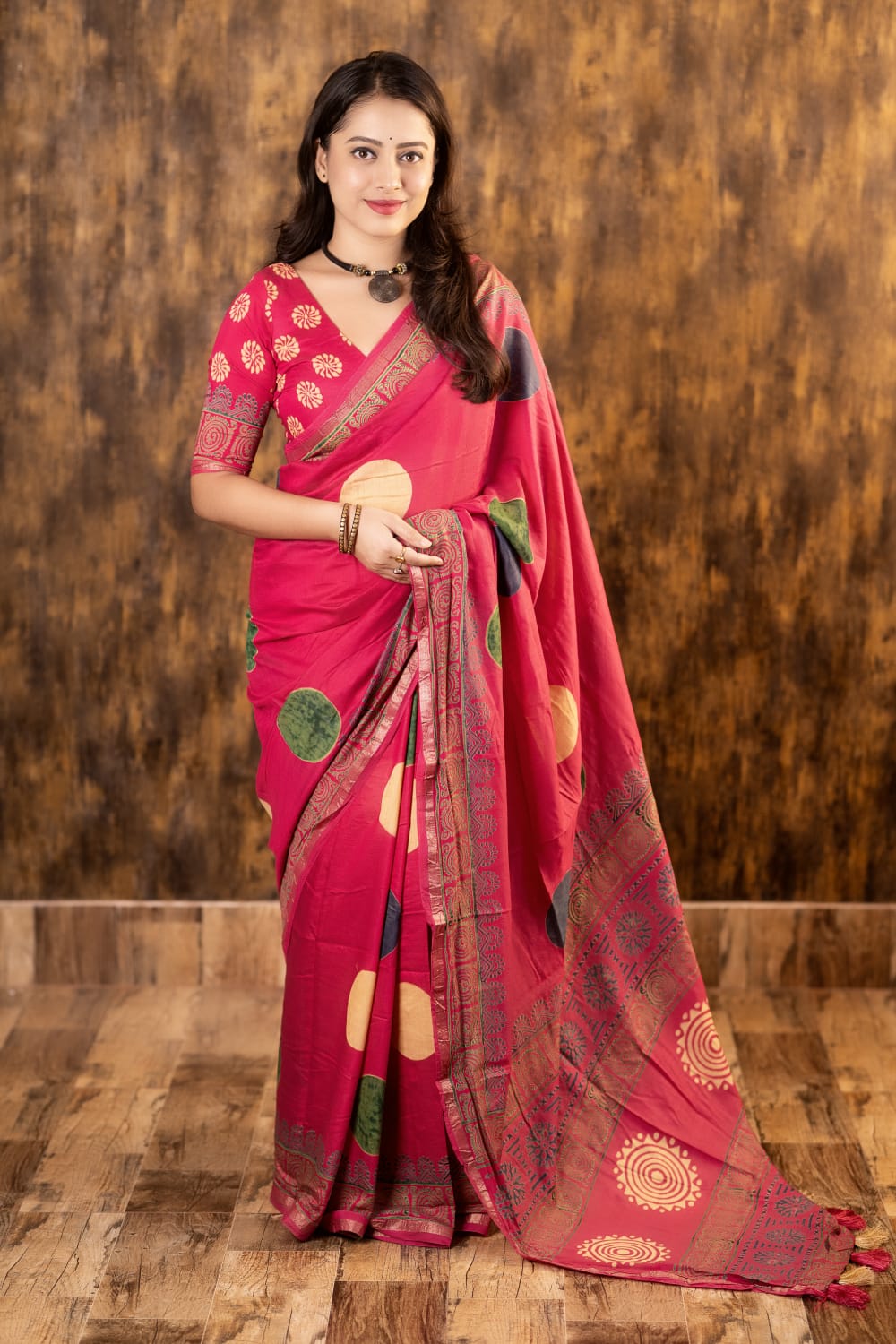 Pure Chanderi Cotton Saree With Ajrakh Style Hand Block Prints