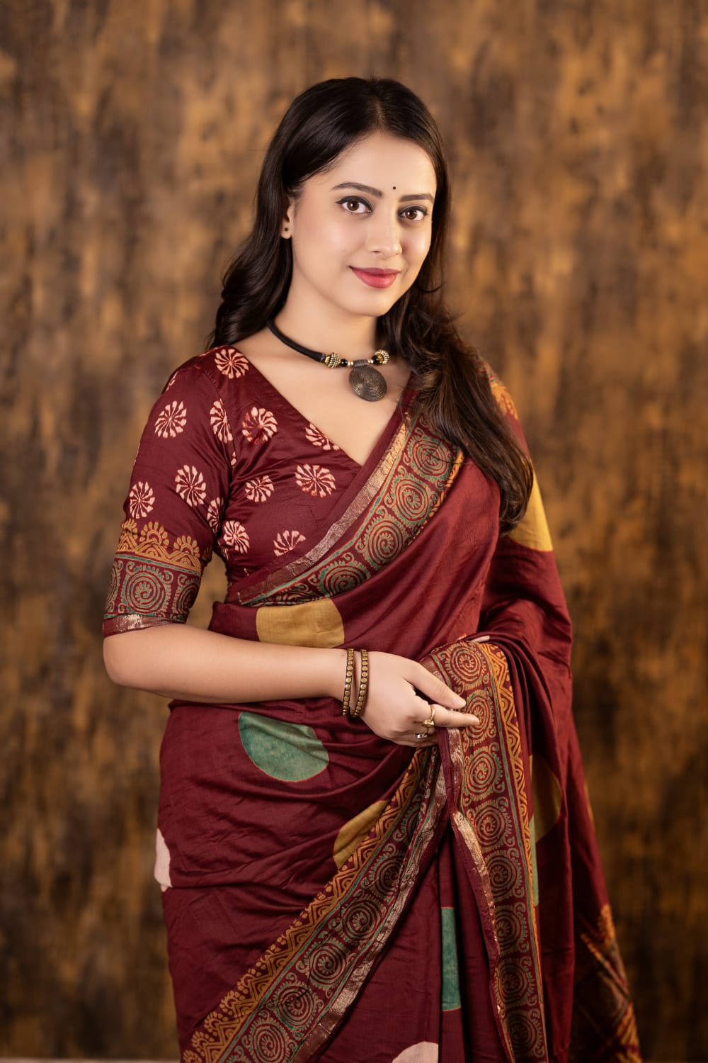 Pure Chanderi Cotton Saree With Ajrakh Style Hand Block Prints