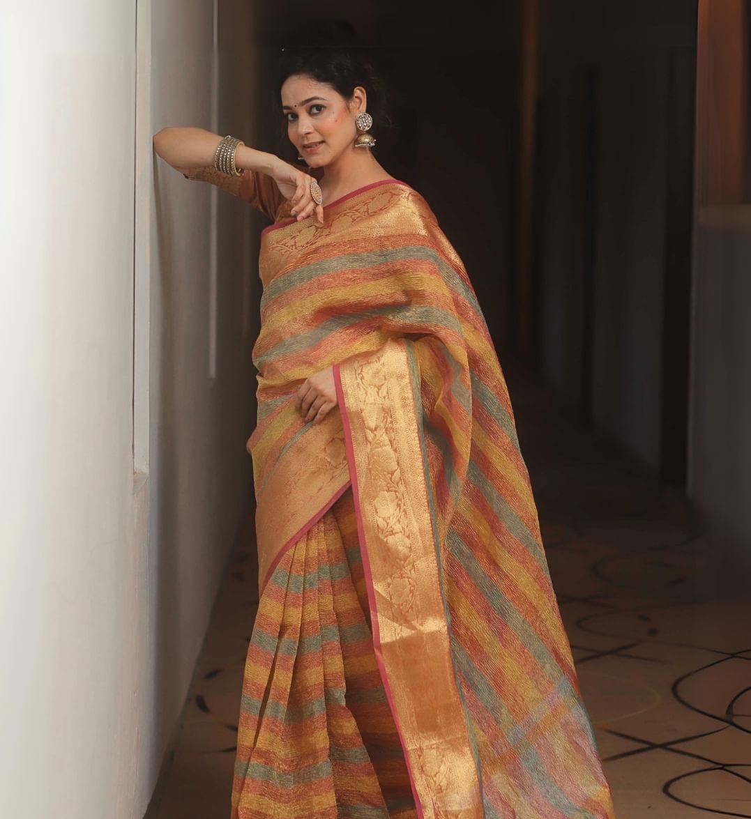 Handwoven Crushed Tissue Multicolor Saree