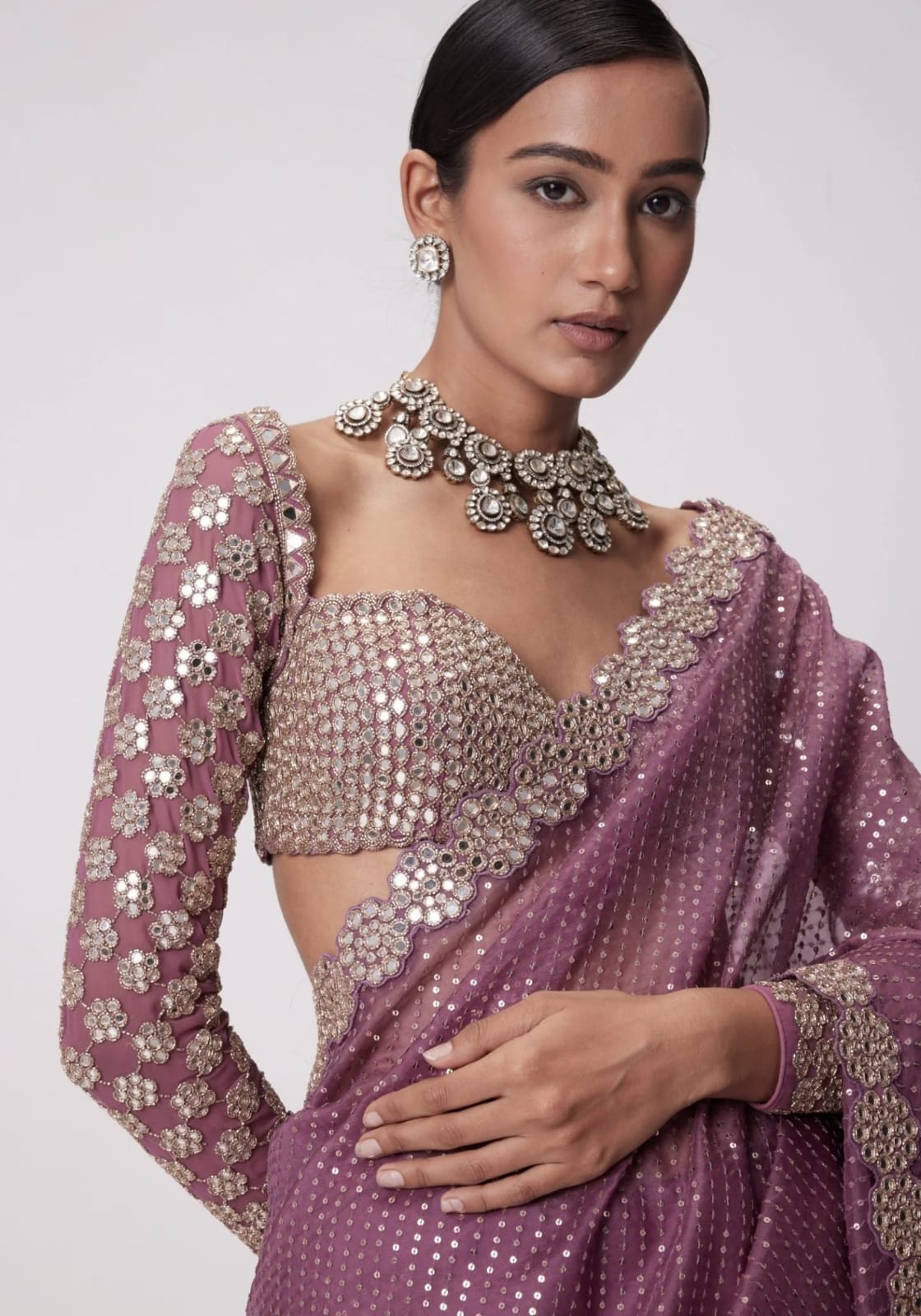 Rose Gold saree embellished with Sequin & full sleeve blouse piece.