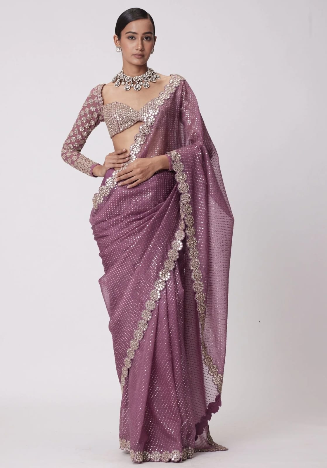 Rose Gold saree embellished with Sequin & full sleeve blouse piece.