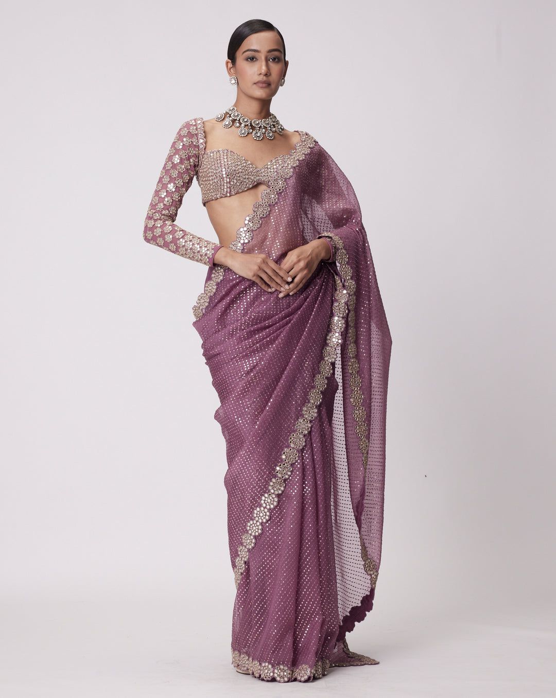 Rose Gold saree embellished with Sequin & full sleeve blouse piece.