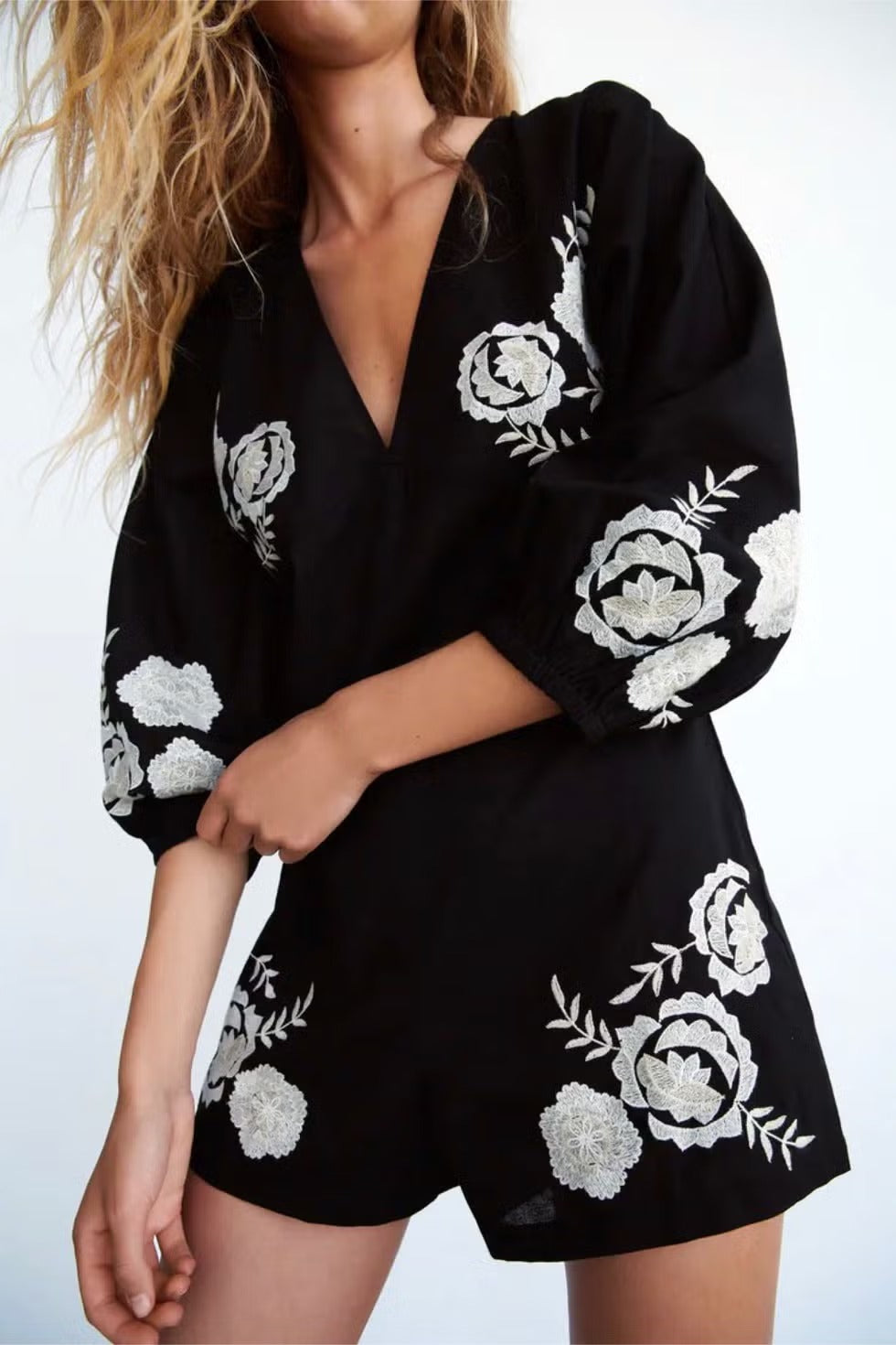 Women's Vintage V-Neck Black Flower Shorts Casual Jumpsuit