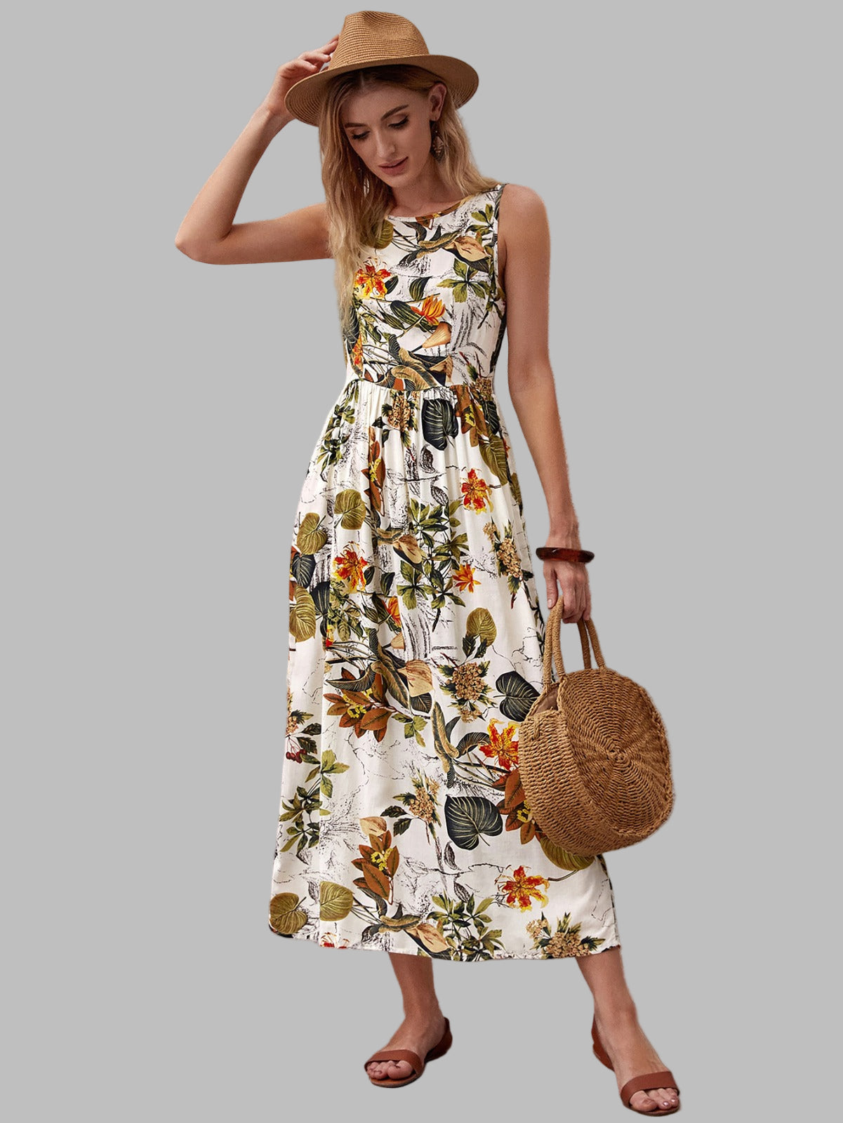 Jia Floral Leaf Print long Maxi Dress