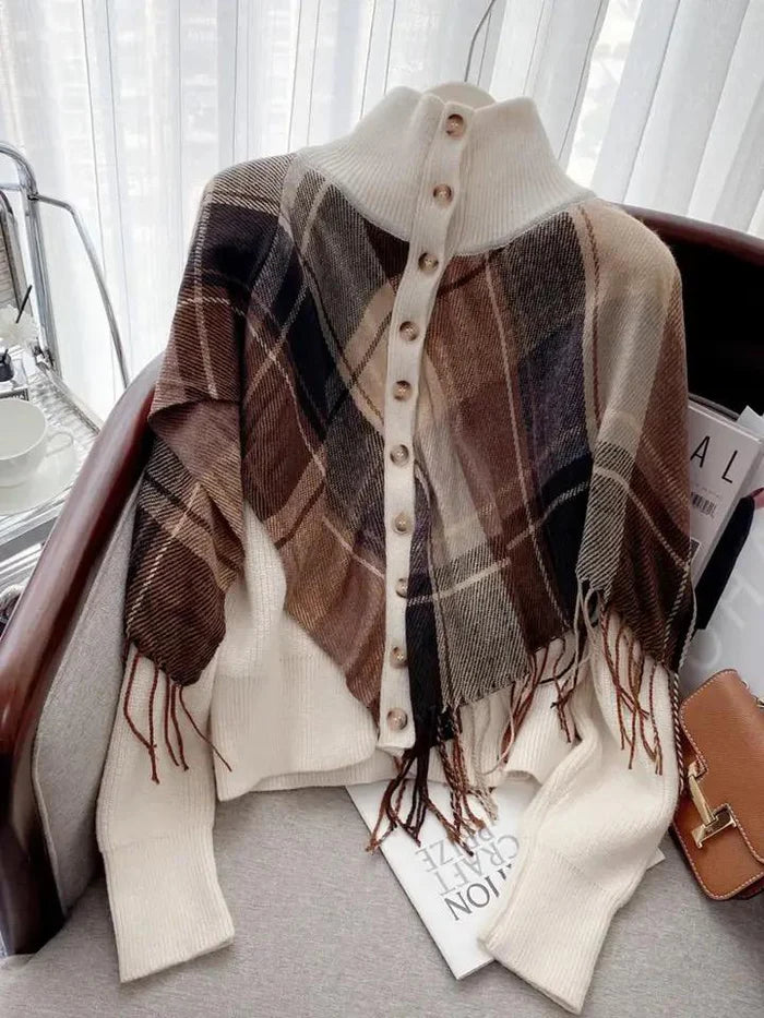 Esther Plaid Cape Knitted High Neck Down Button Poncho Sweater