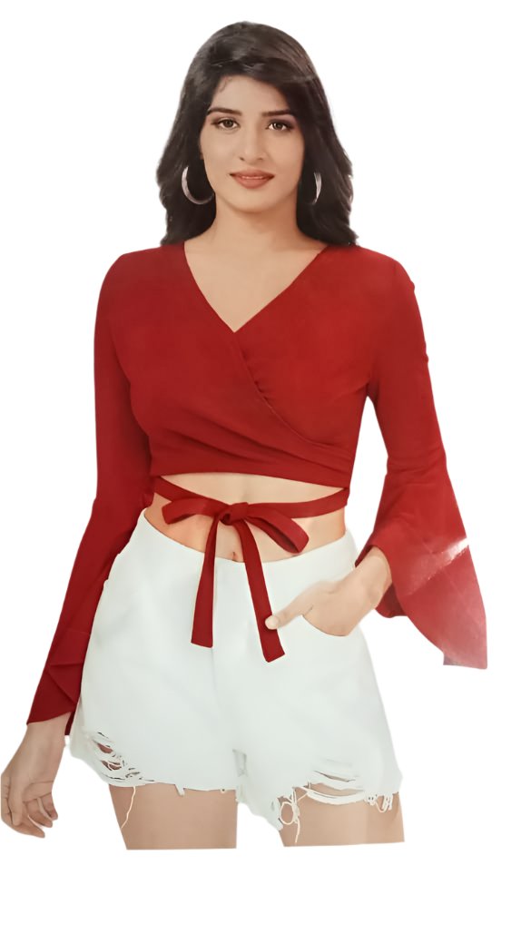 V Neck Long Bell Sleeve Warp Front Tie Up Tops