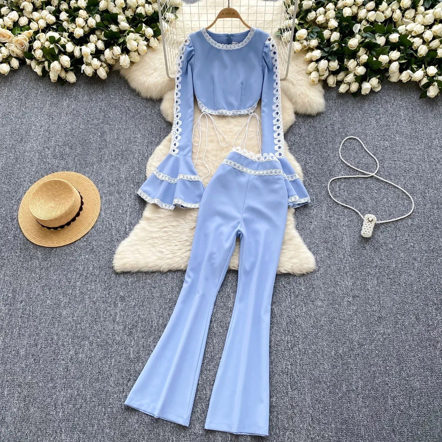 Women Stylish Sexy Long Sleeve Flare Two Pieces Co -Ord Set