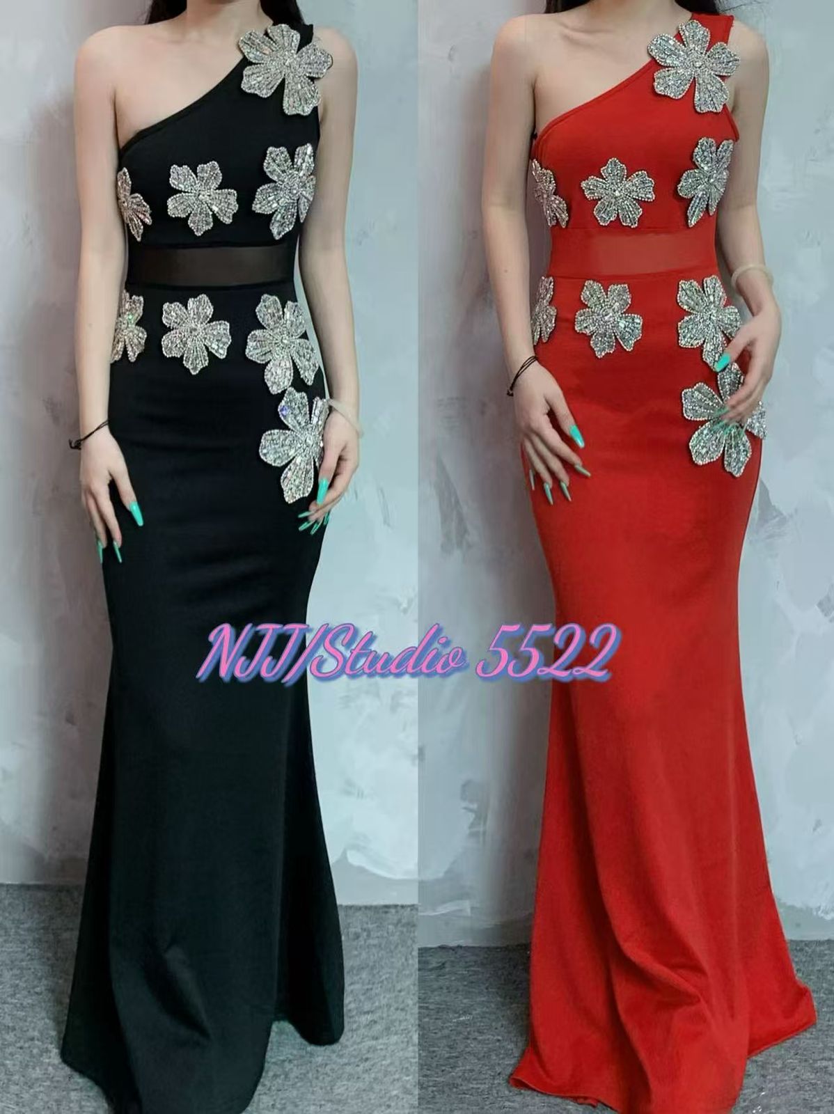 One Shoulder Draped Sleeveless Rhinestone Crystal Floral Bodycon Dress