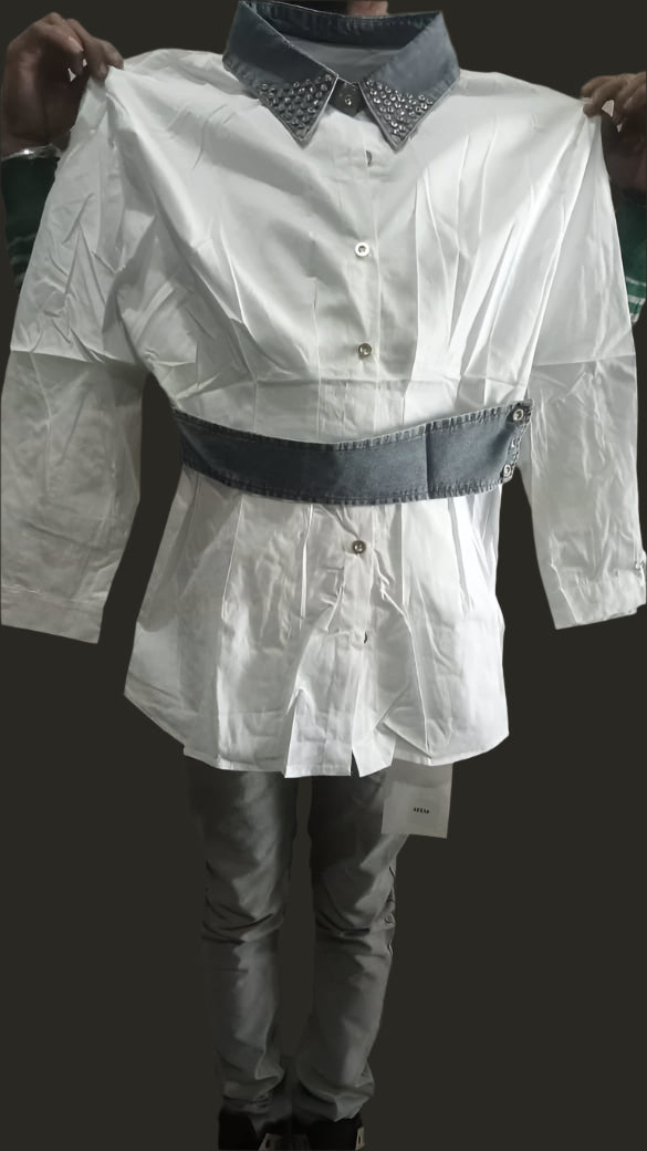 Women Long Fit Solid Spread Rhinestone Collar Casual Shirt With Denim Belt