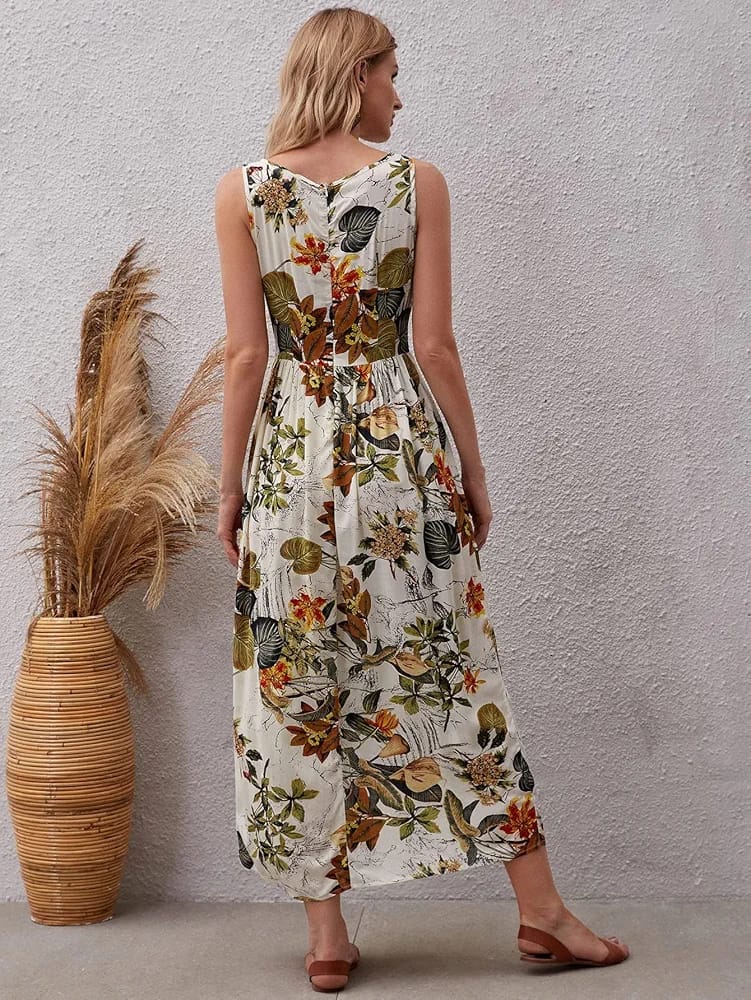 Jia Floral Leaf Print long Maxi Dress