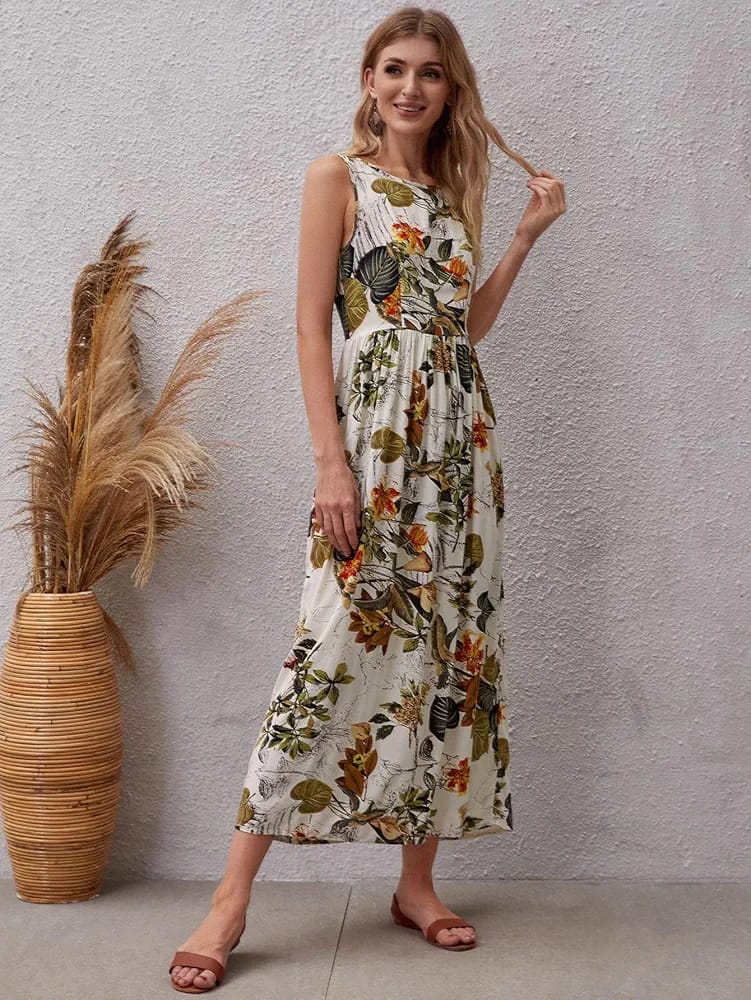 Jia Floral Leaf Print long Maxi Dress