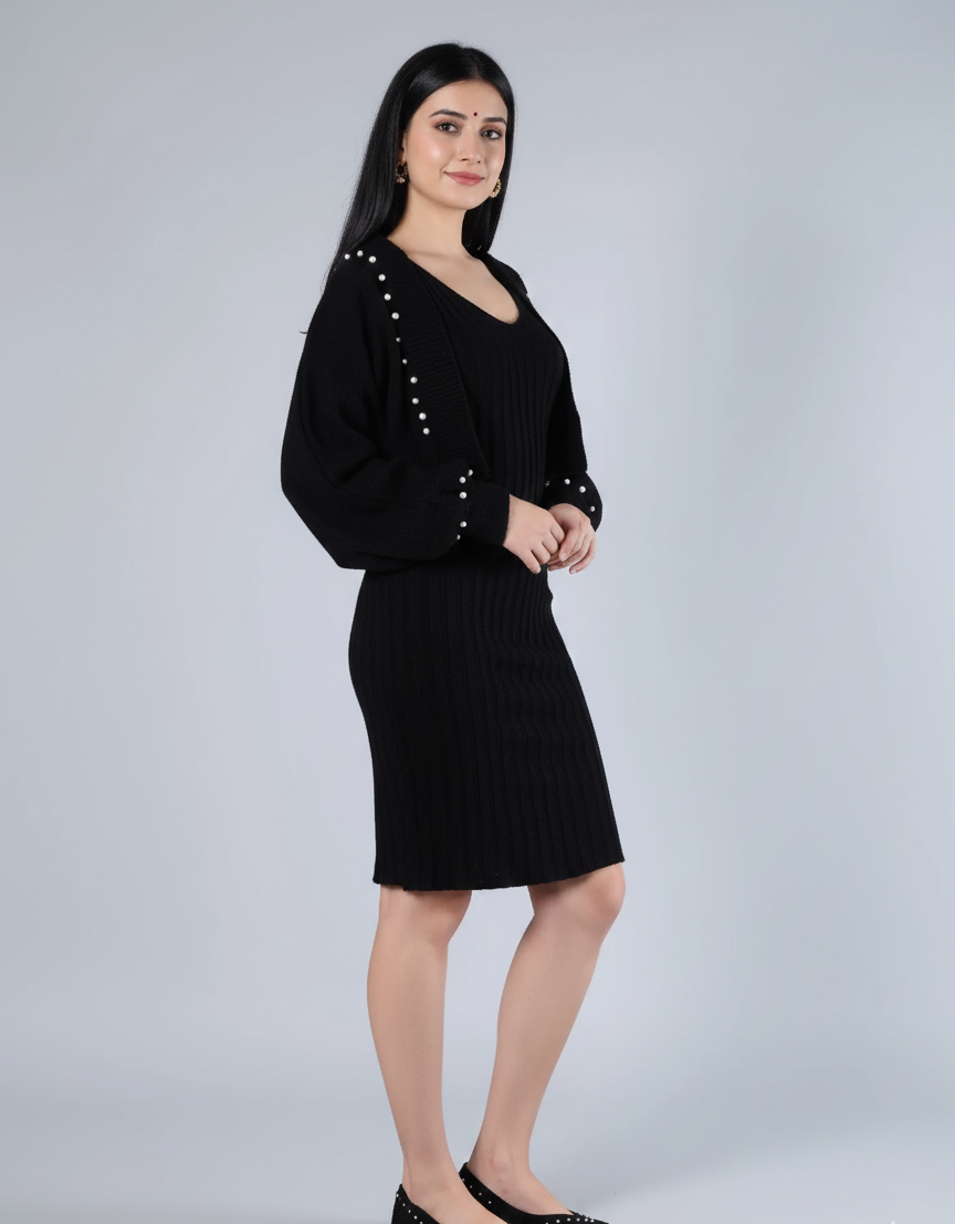 Women Beaded Frog Button V Neck Knitted Sweater Cardigan Sleeveless 2 Pcs Dress