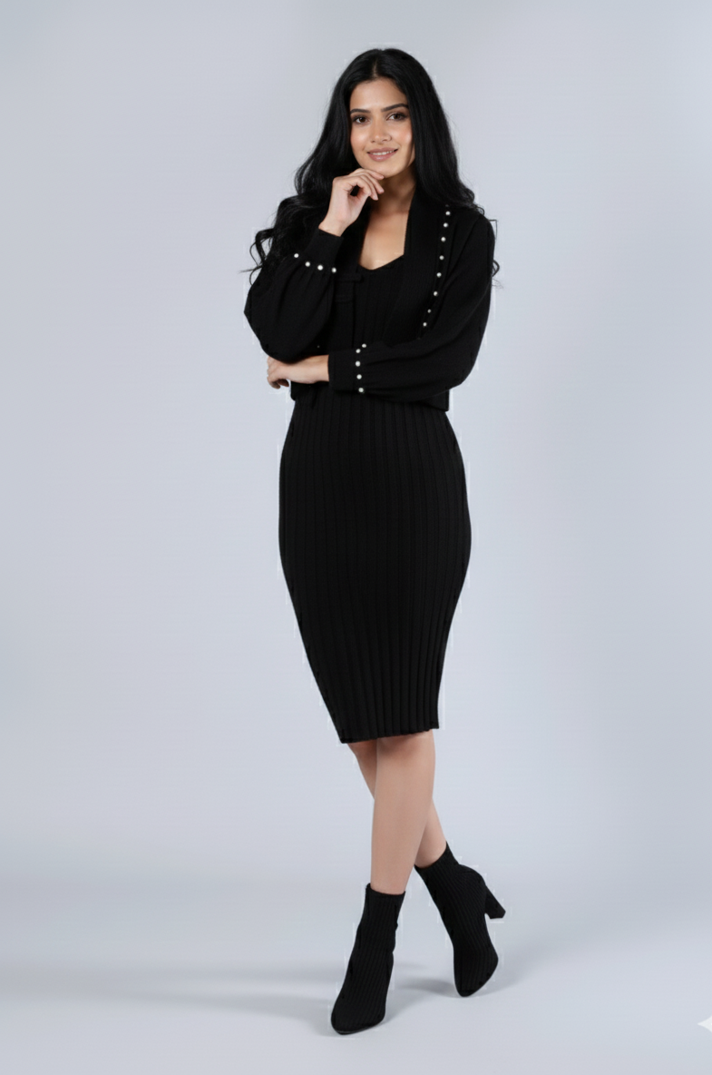 Women Beaded Frog Button V Neck Knitted Sweater Cardigan Sleeveless 2 Pcs Dress