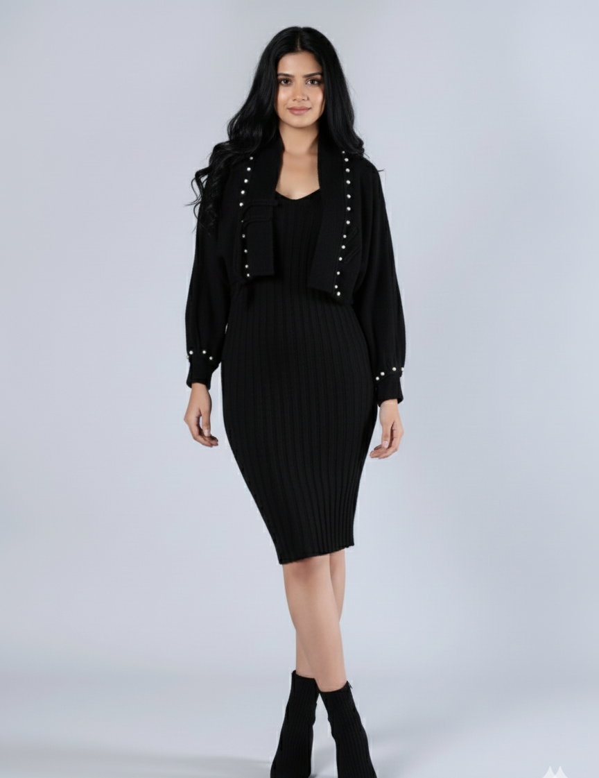 Women Beaded Frog Button V Neck Knitted Sweater Cardigan Sleeveless 2 Pcs Dress