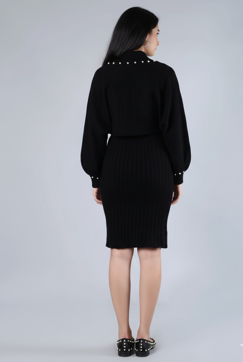 Women Beaded Frog Button V Neck Knitted Sweater Cardigan Sleeveless 2 Pcs Dress
