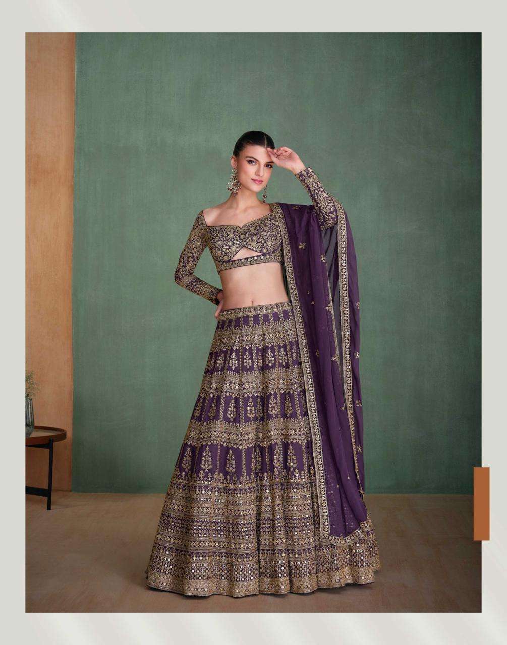 Violet Georgette Bridal Lehenga with Heavy Embroidery