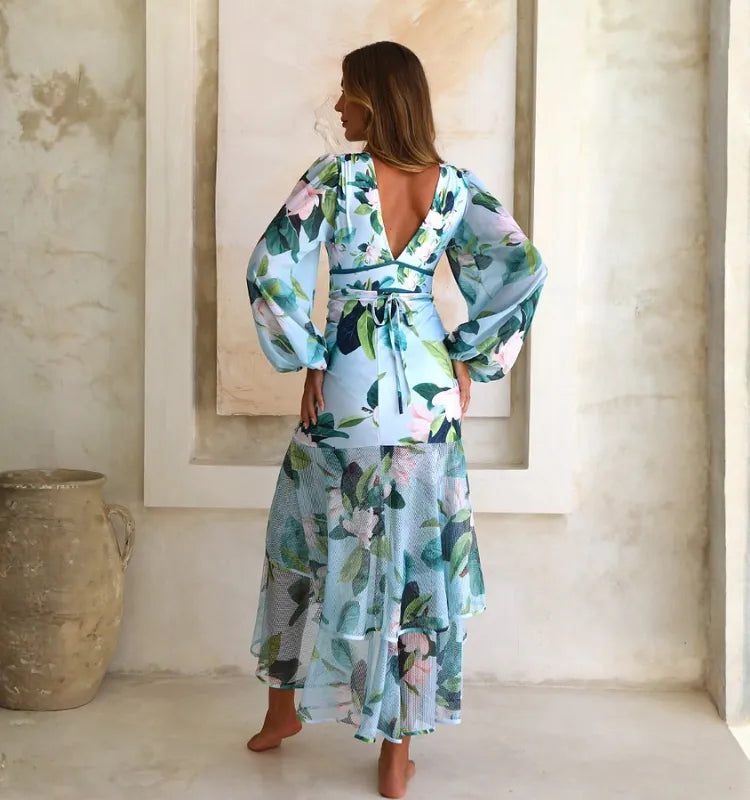 Presley Long-Sleeved Printed One Piece Swimsuit And Skirt Set