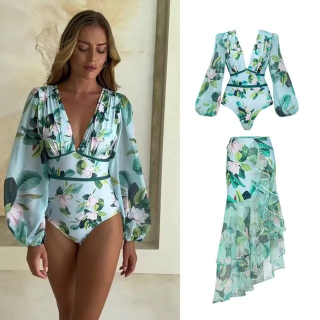Presley Long-Sleeved Printed One Piece Swimsuit And Skirt Set