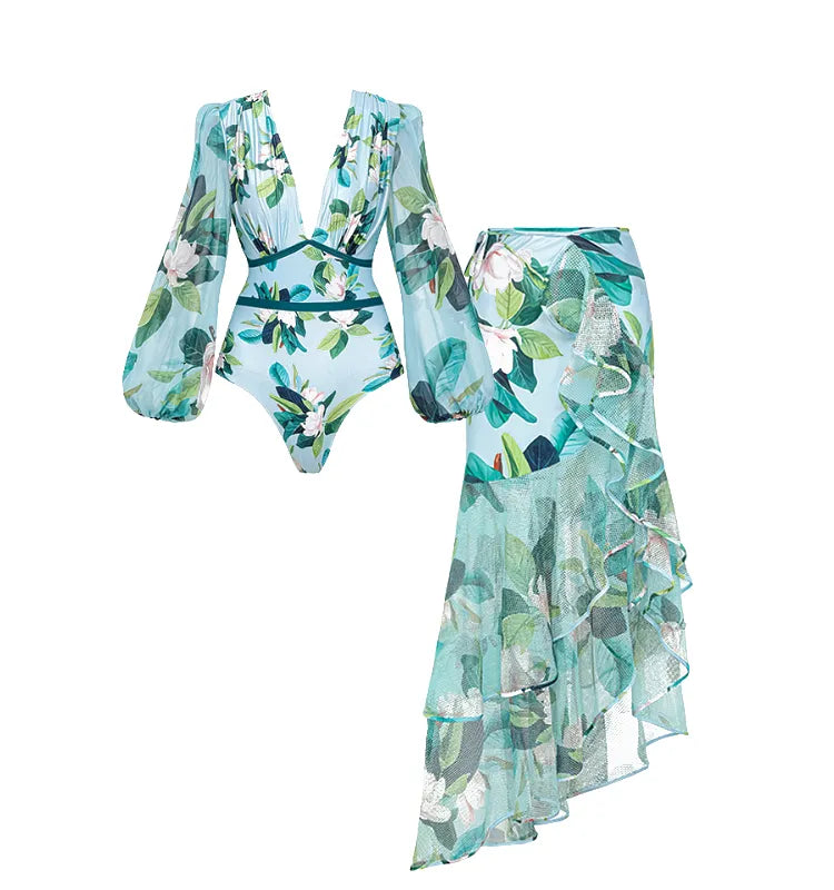 Presley Long-Sleeved Printed One Piece Swimsuit And Skirt Set
