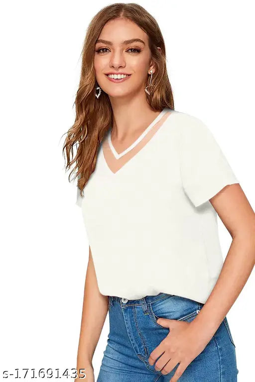 casual v neck & half sleeve white top