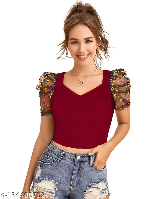 MAROON Short Sleeve Solid Crop Top For Girls & Women's