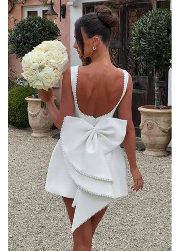 Pearl Beaded Backless Bow Flare Short Dress