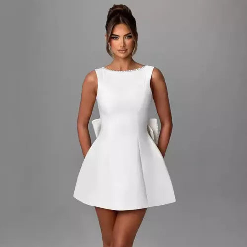 Pearl Beaded Backless Bow Flare Short Dress