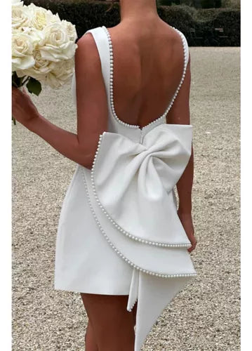 Pearl Beaded Backless Bow Flare Short Dress