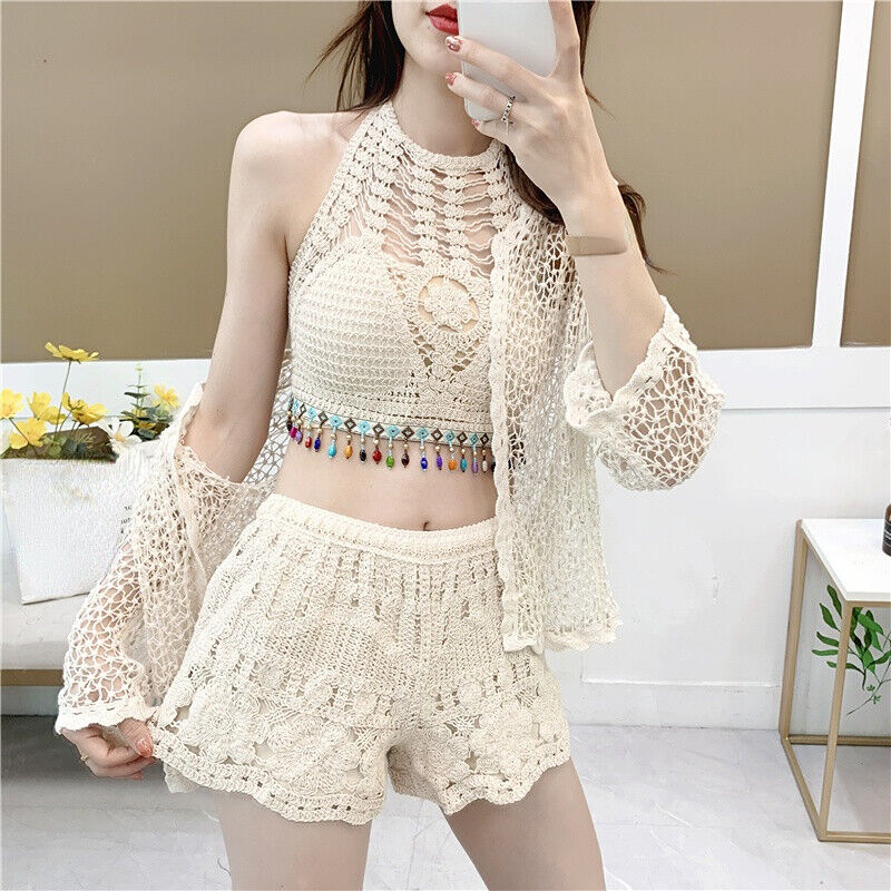 Austin Crochet Blouse With Shorts And Cape Set